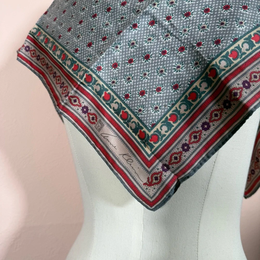 Anne Klein Vintage southwestern floral Grey teal Burgandy Red silk Scarf